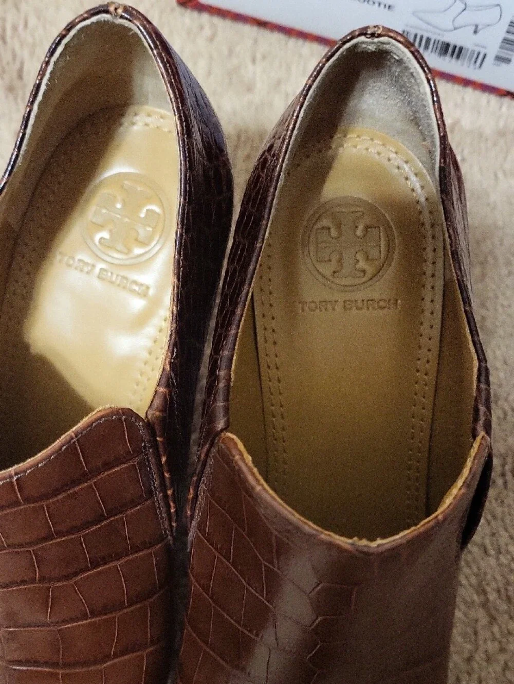 Tory Burch Croc-Embossed Brown Pointed Ankle Booties